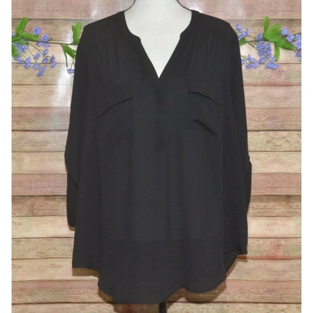 Torrid Harper Black Georgette Semi Sheer 3/4 Roll Tab Sleeve Blouse Top Size 2X
